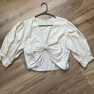 YFB “Miranda Top” Linen Cropped Bow Tie Front Blouse